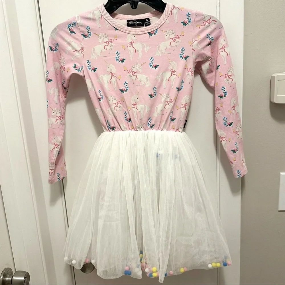 Rock Your Kid Pink Unicorn Colorful Pom Pom Tulle Circus Party Dress Girls 8 Kid